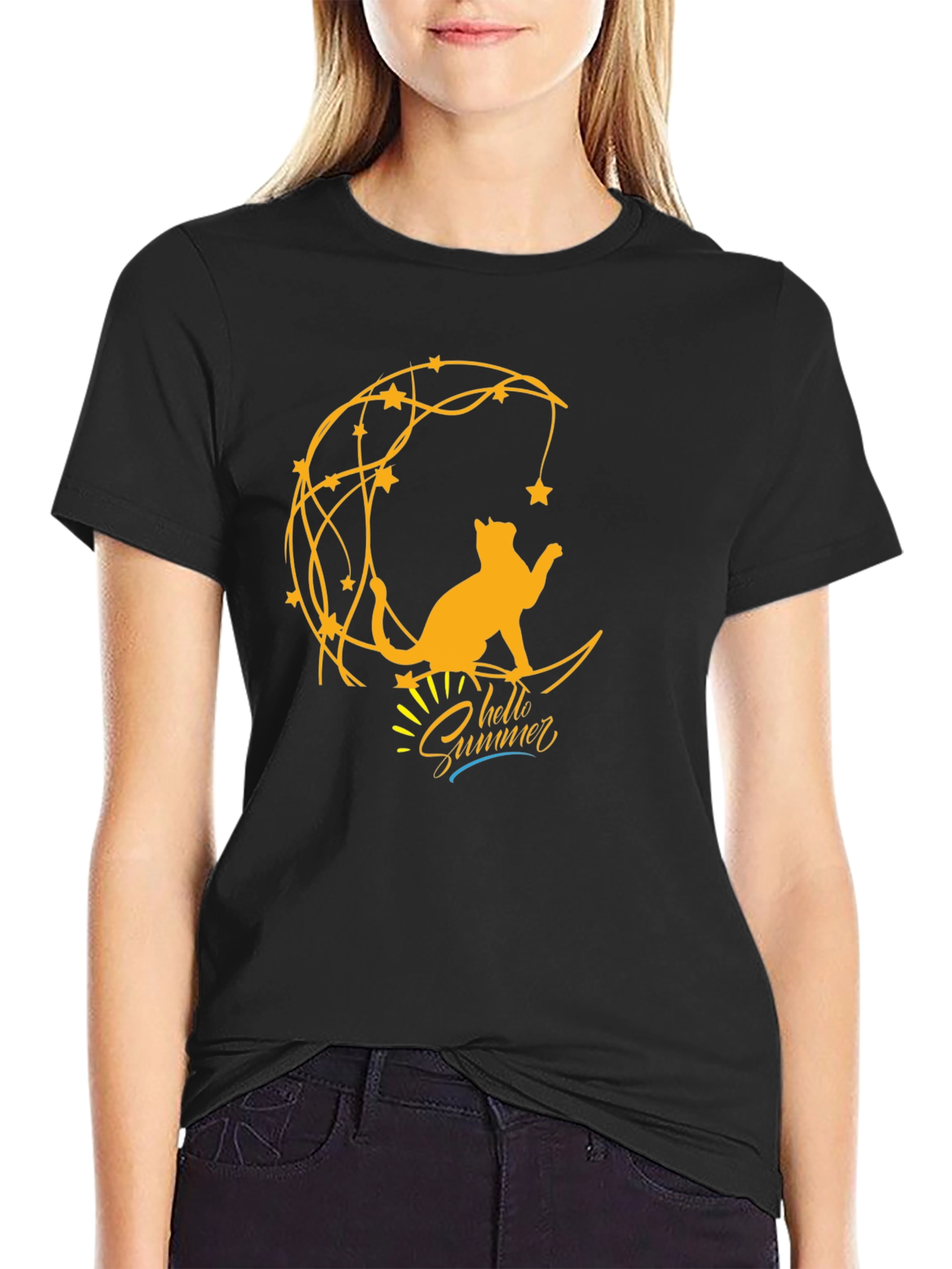 Cat on Moon Graphic Tee - Hello Summer T-Shirt