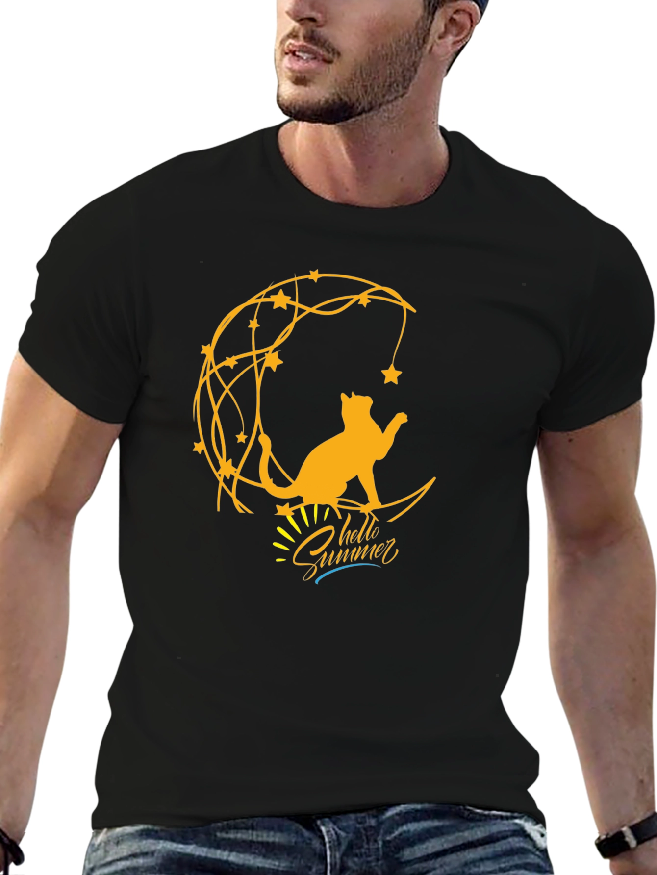 Cat on Moon Graphic Tee - Hello Summer T-Shirt