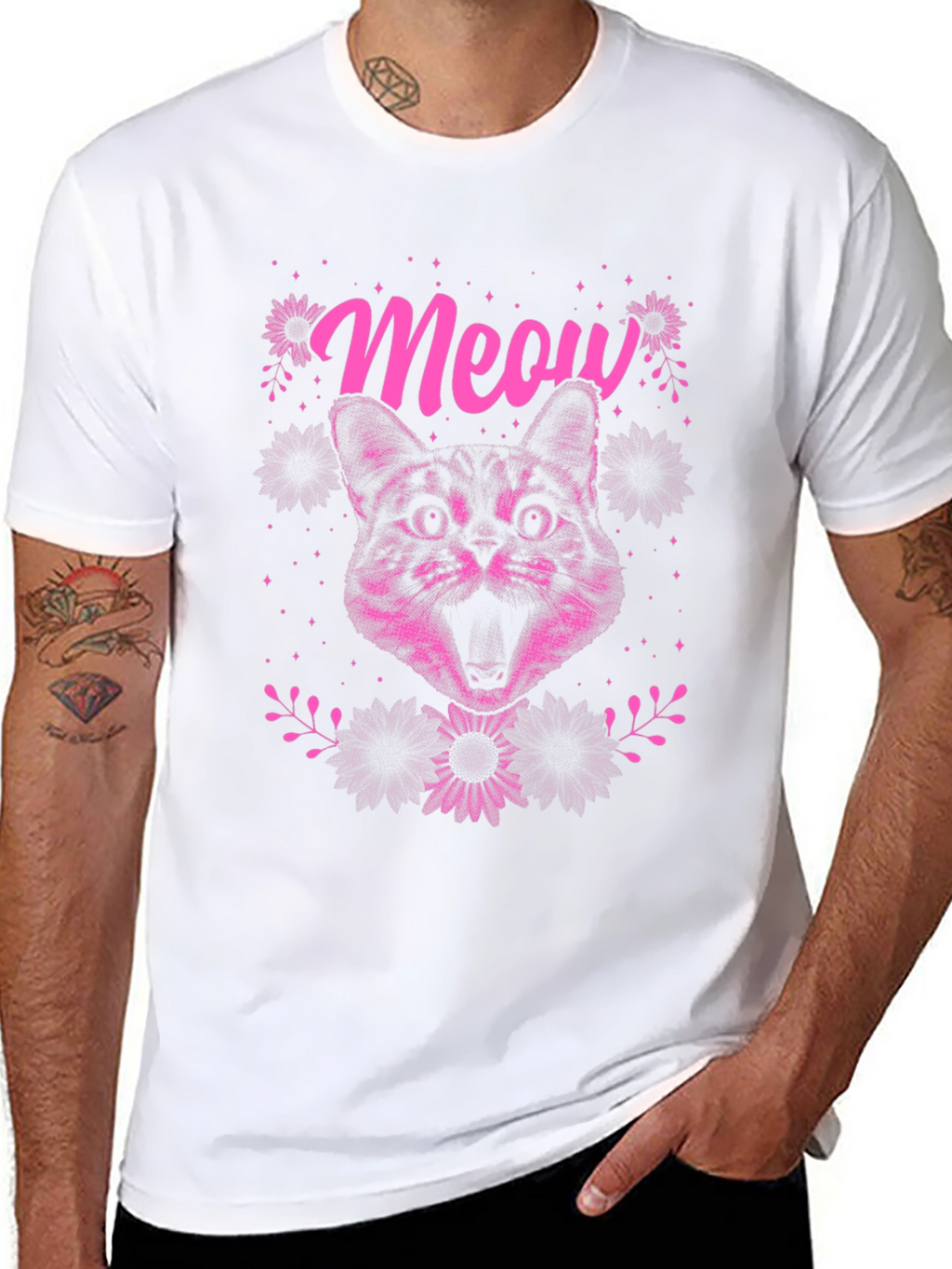 Meow Cat Graphic Tee - Black Cotton T-Shirt