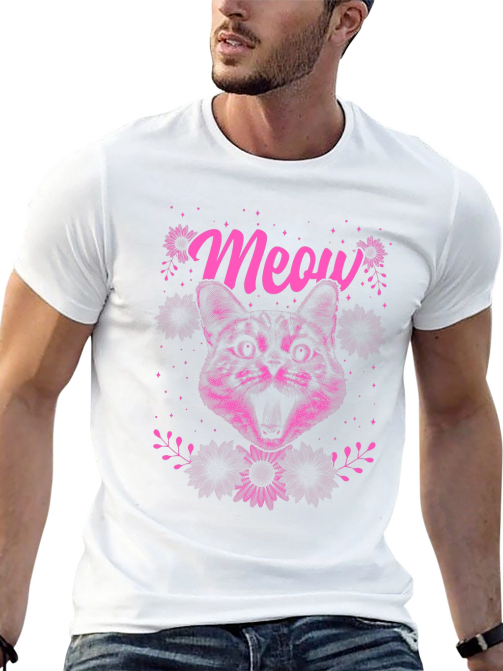 Meow Cat Graphic Tee - Black Cotton T-Shirt