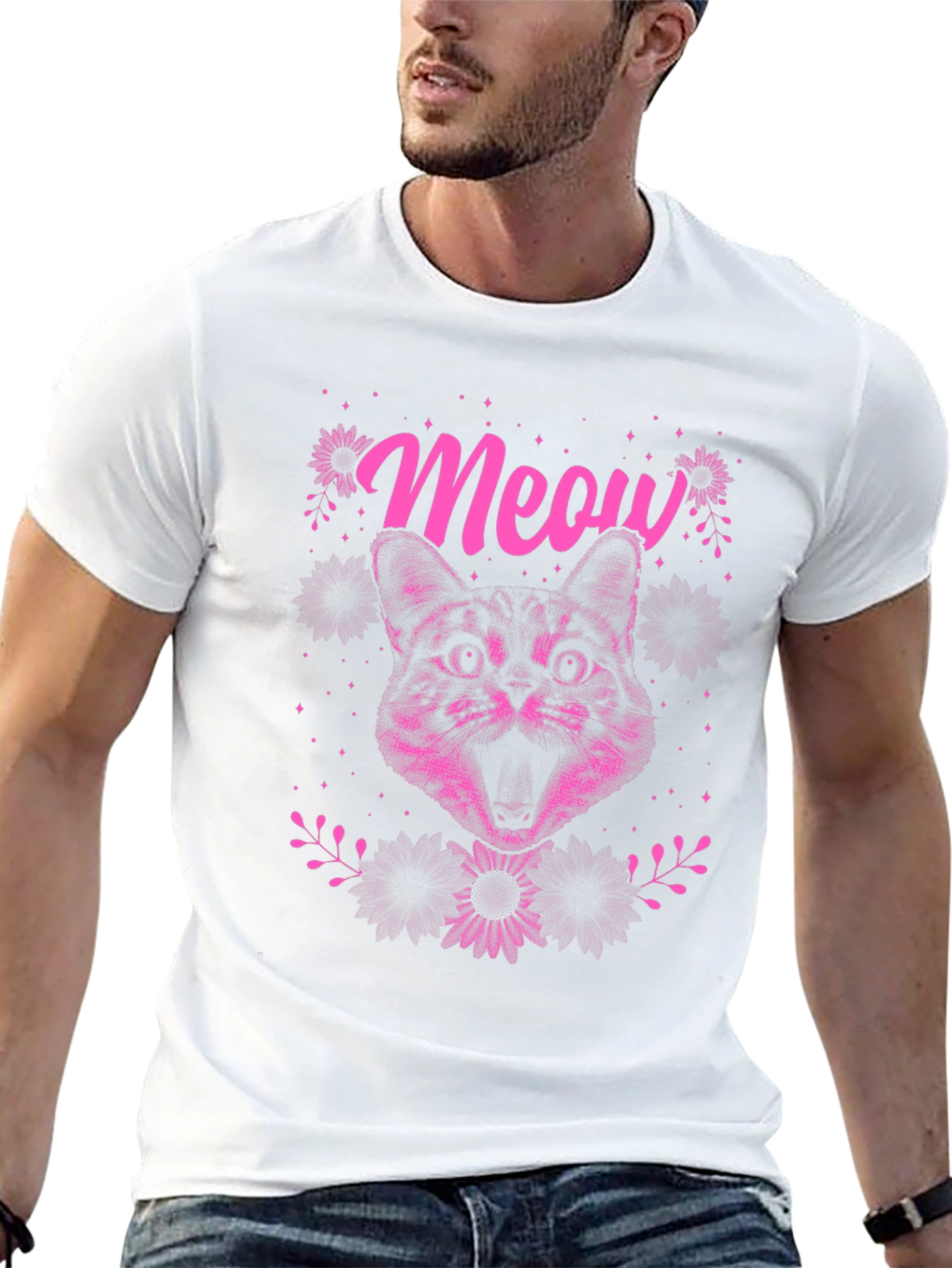 Meow Cat Graphic Tee - Black Cotton T-Shirt