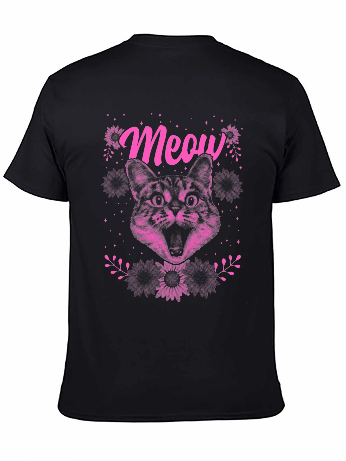 Meow Cat Graphic Tee - Black Cotton T-Shirt
