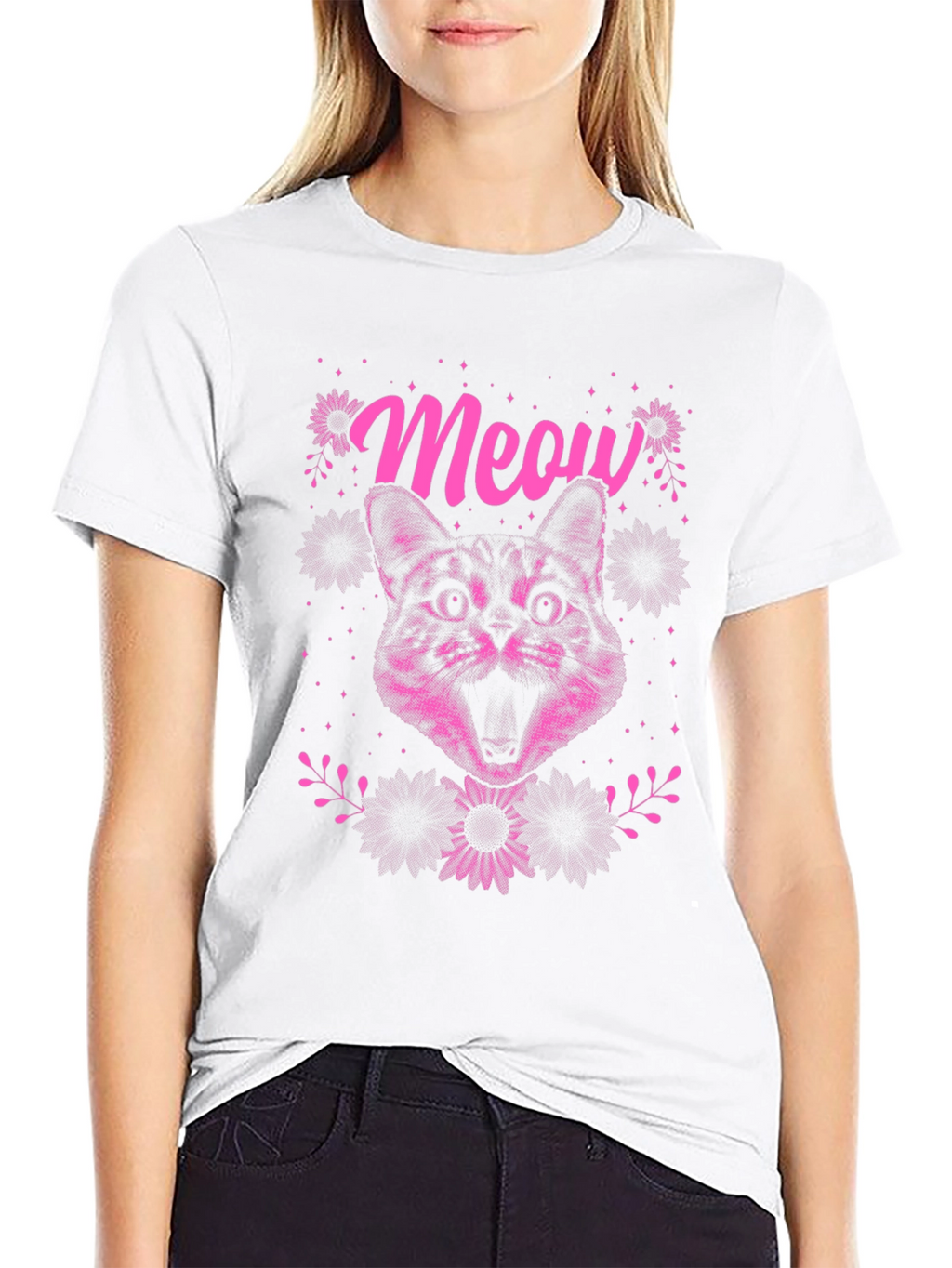 Meow Cat Graphic Tee - Black Cotton T-Shirt