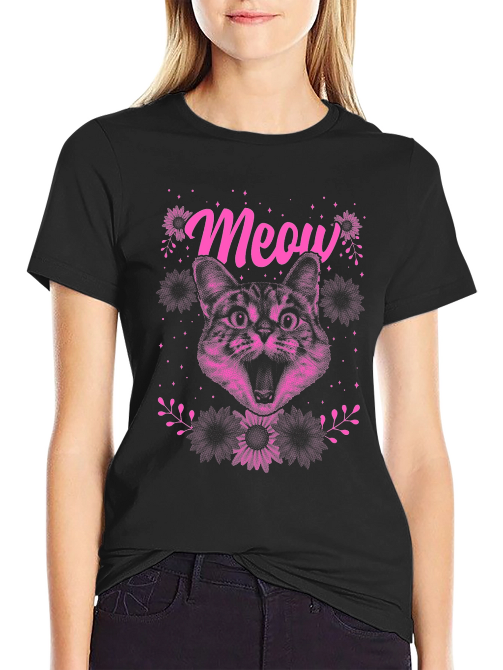 Meow Cat Graphic Tee - Black Cotton T-Shirt