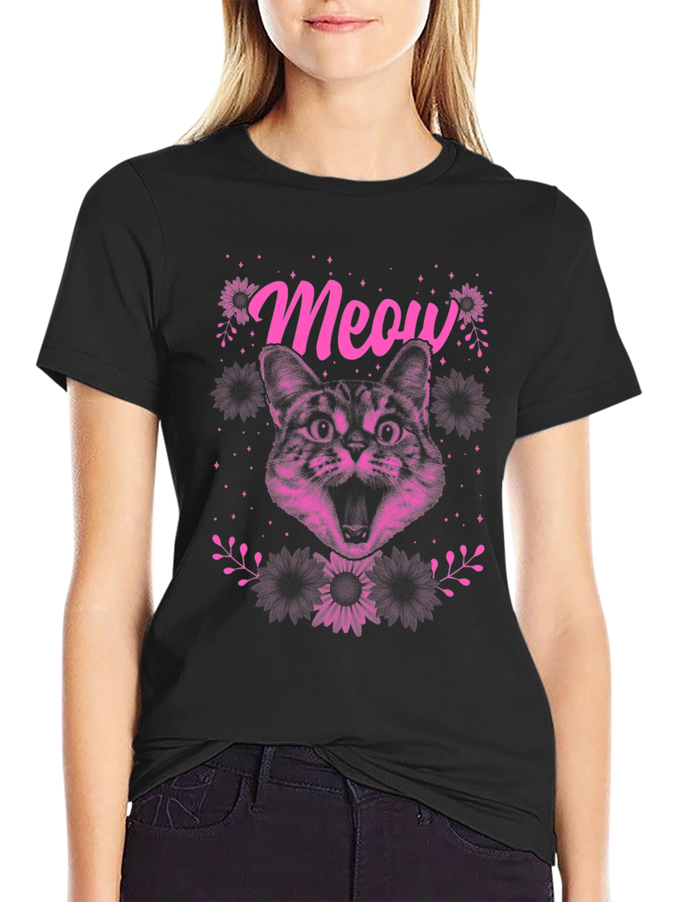 Meow Cat Graphic Tee - Black Cotton T-Shirt