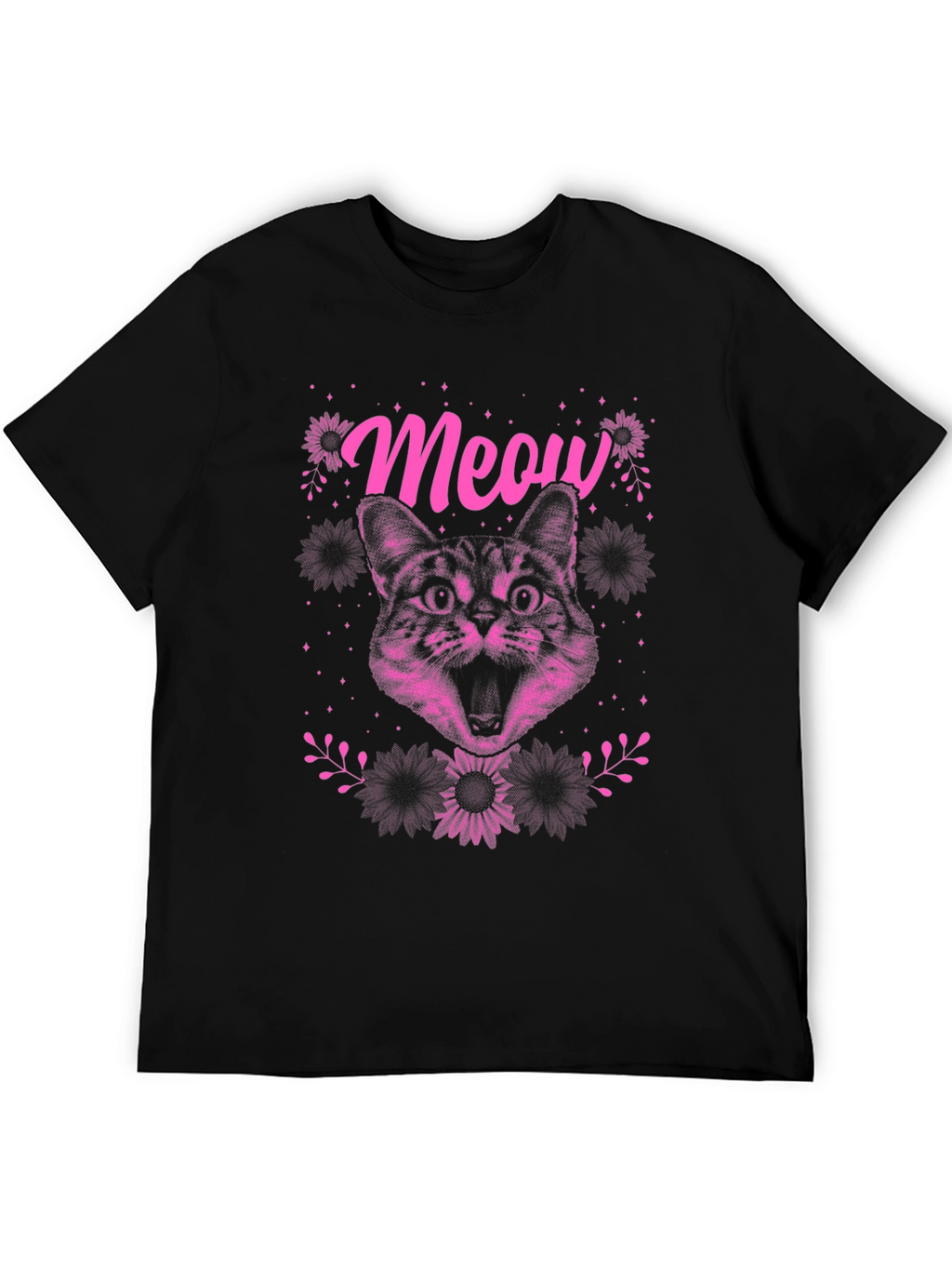 Meow Cat Graphic Tee - Black Cotton T-Shirt