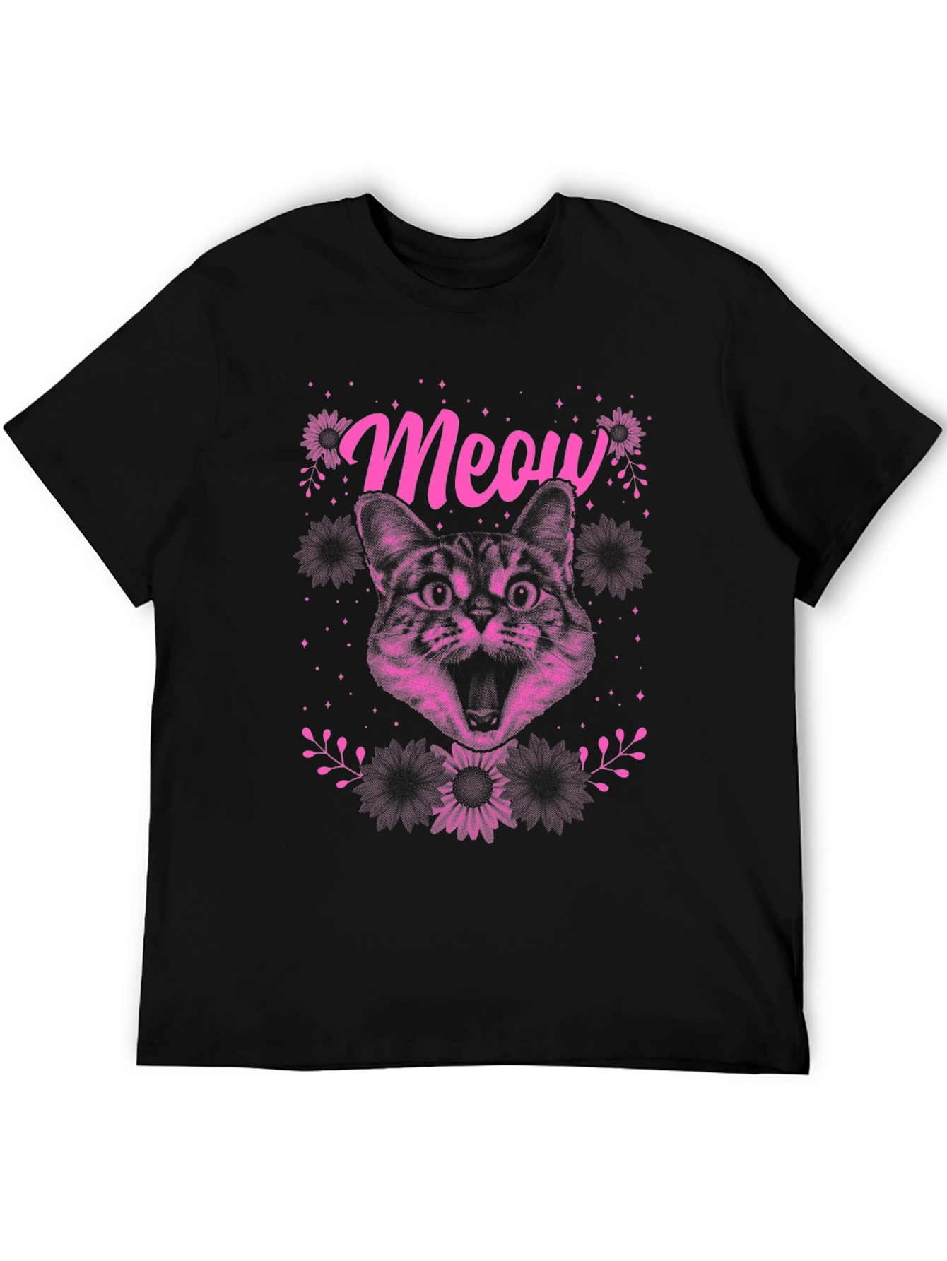 Meow Cat Graphic Tee - Black Cotton T-Shirt