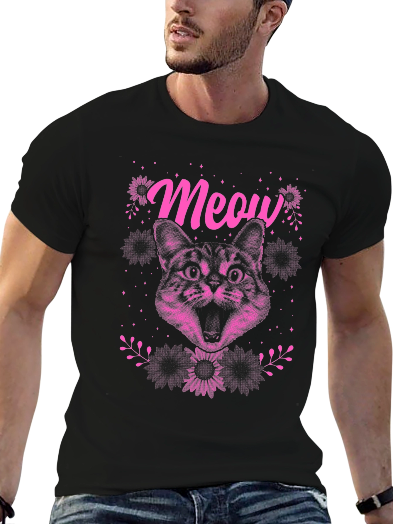 Meow Cat Graphic Tee - Black Cotton T-Shirt