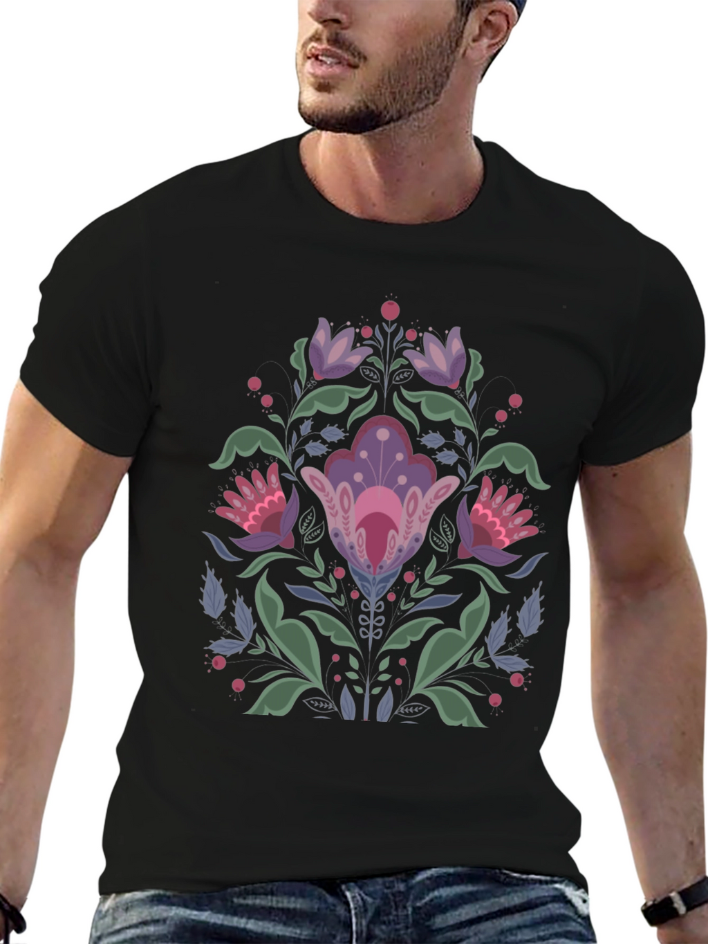 Floral Folk Art Black T-Shirt