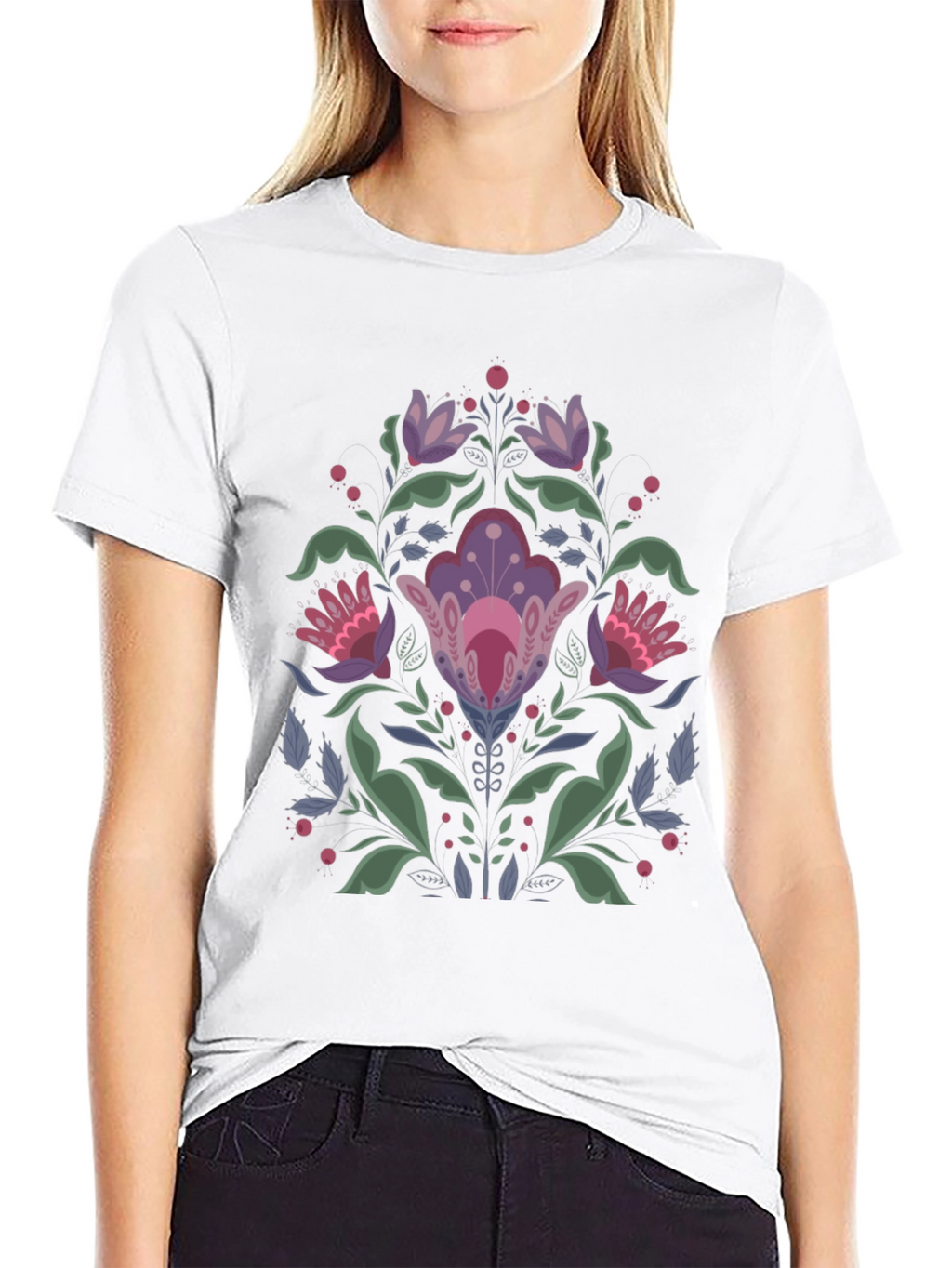 Floral Folk Art Black T-Shirt