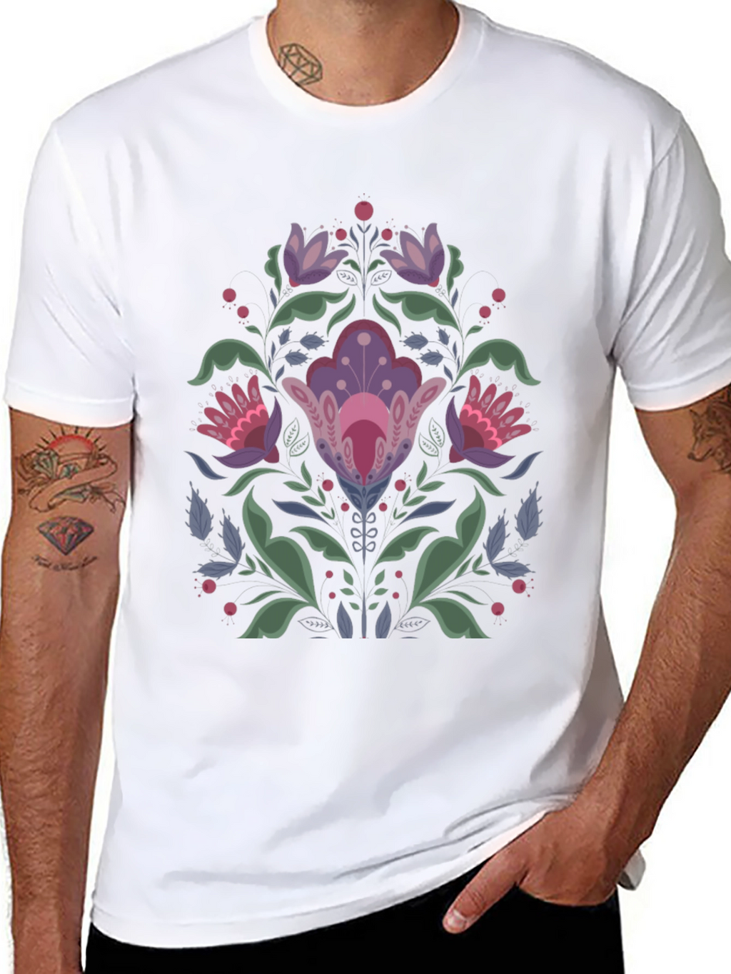 Floral Folk Art Black T-Shirt