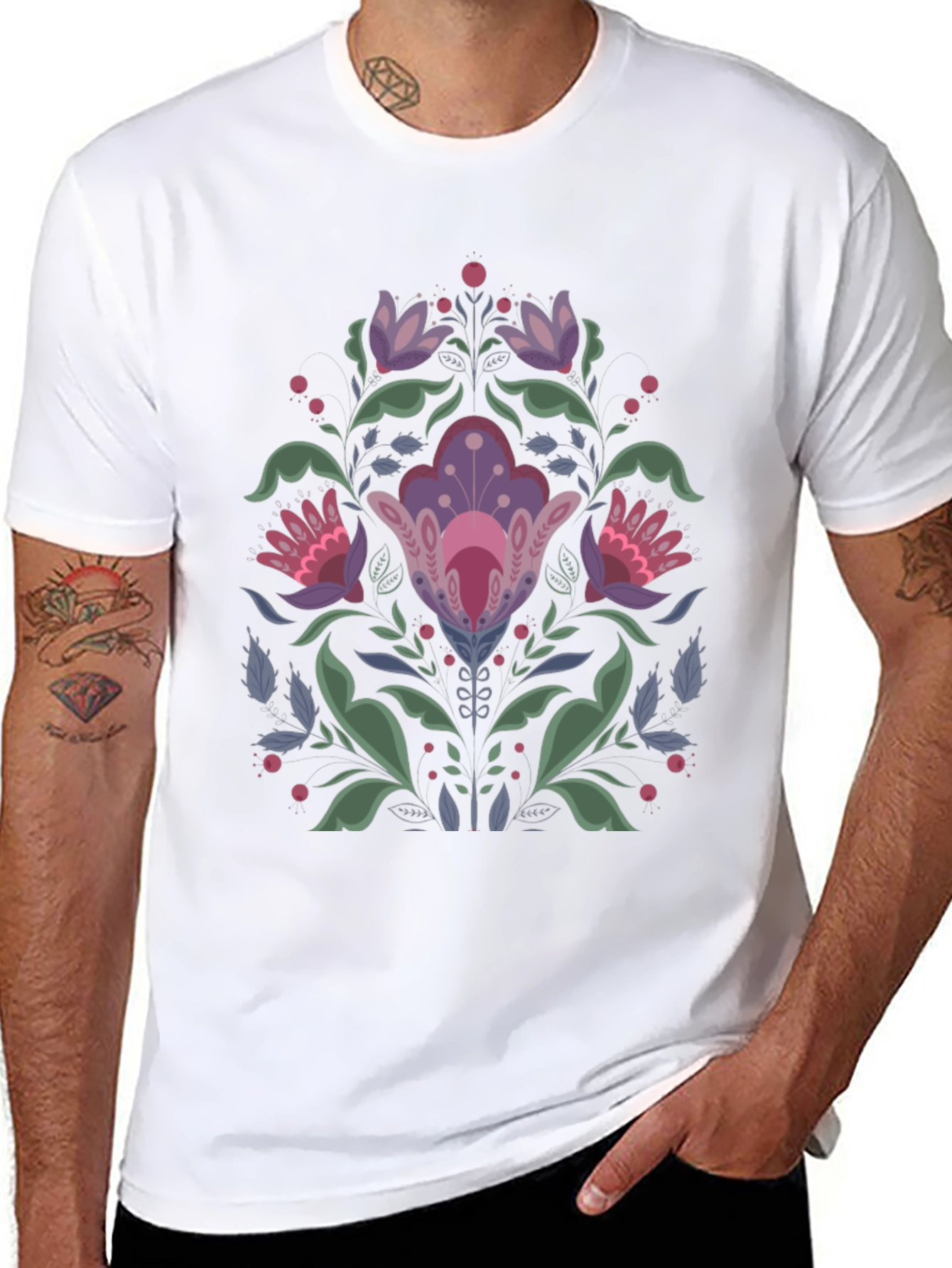 Floral Folk Art Black T-Shirt