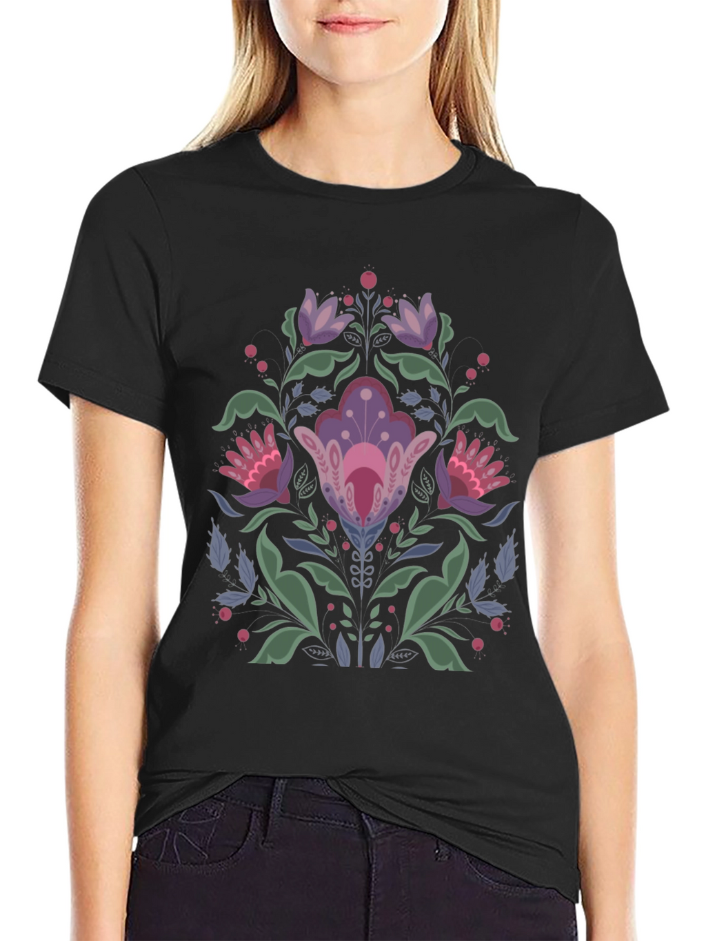 Floral Folk Art Black T-Shirt