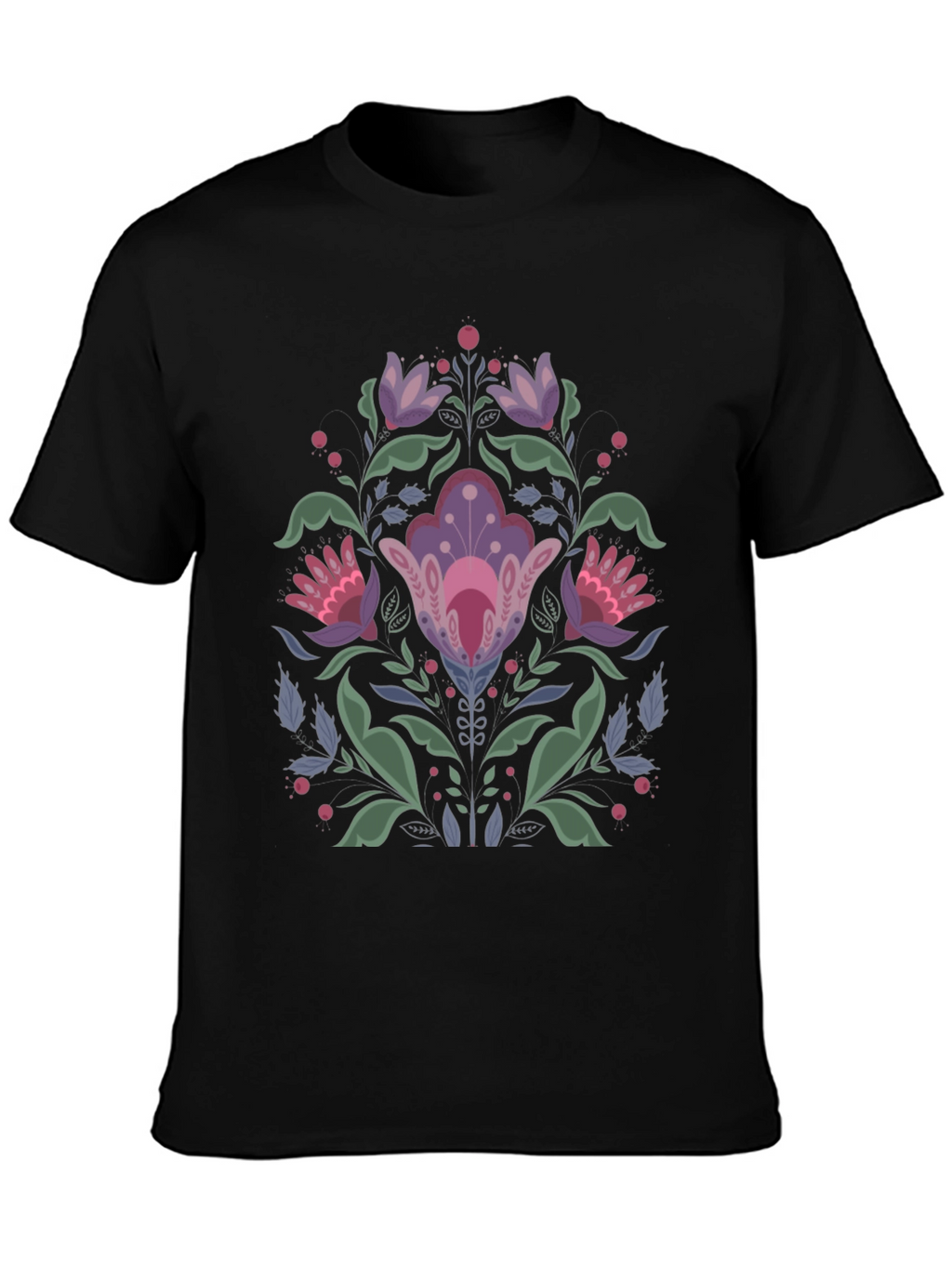Floral Folk Art Black T-Shirt
