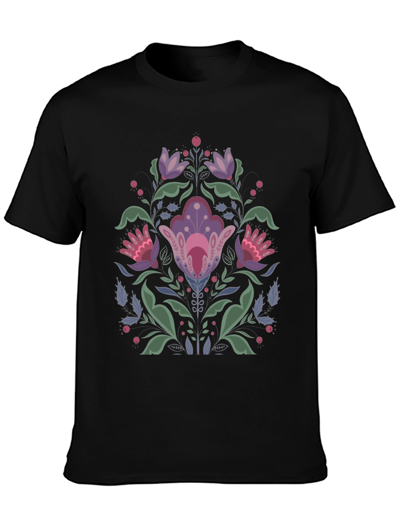 Floral Folk Art Black T-Shirt