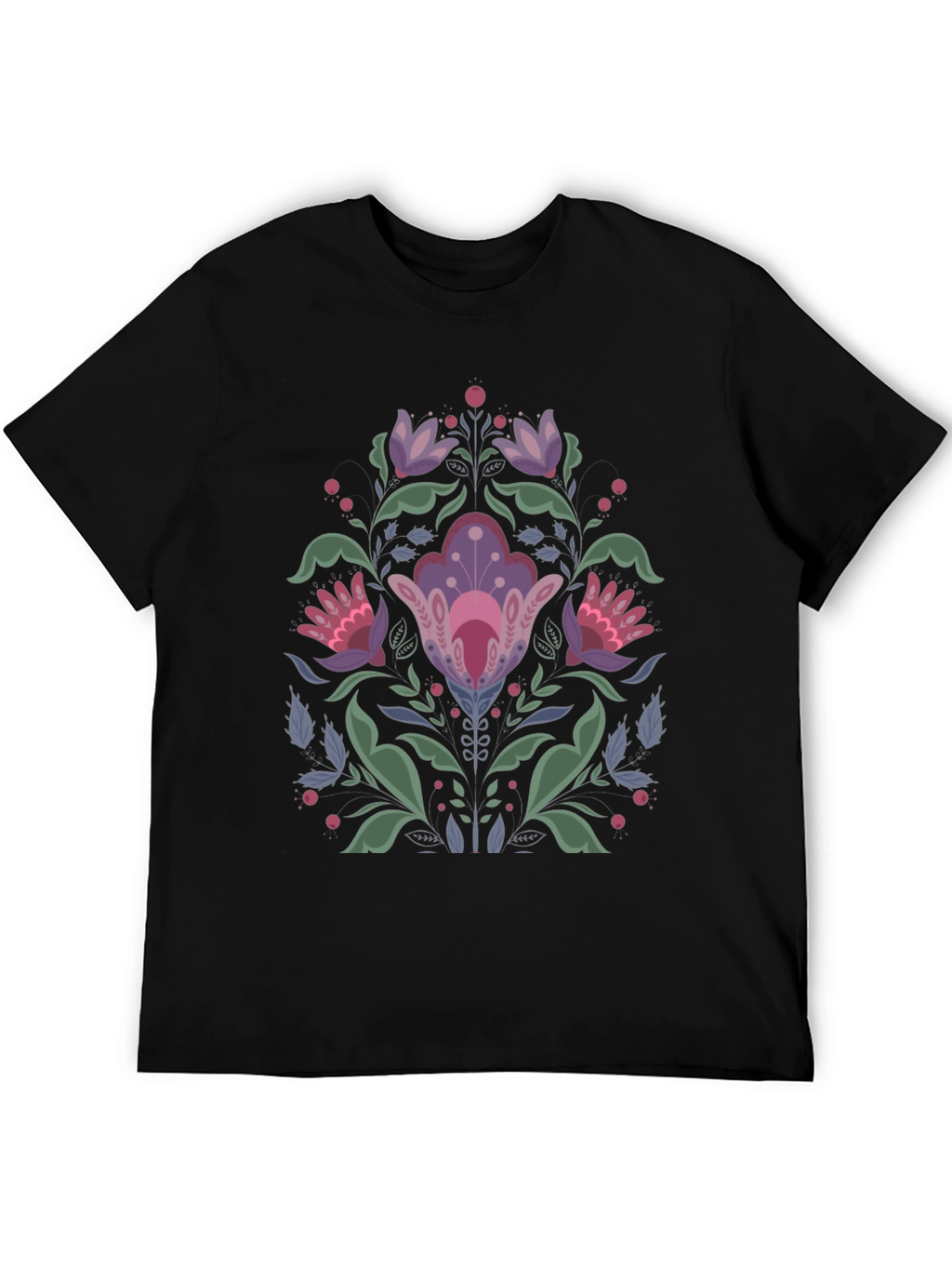 Floral Folk Art Black T-Shirt