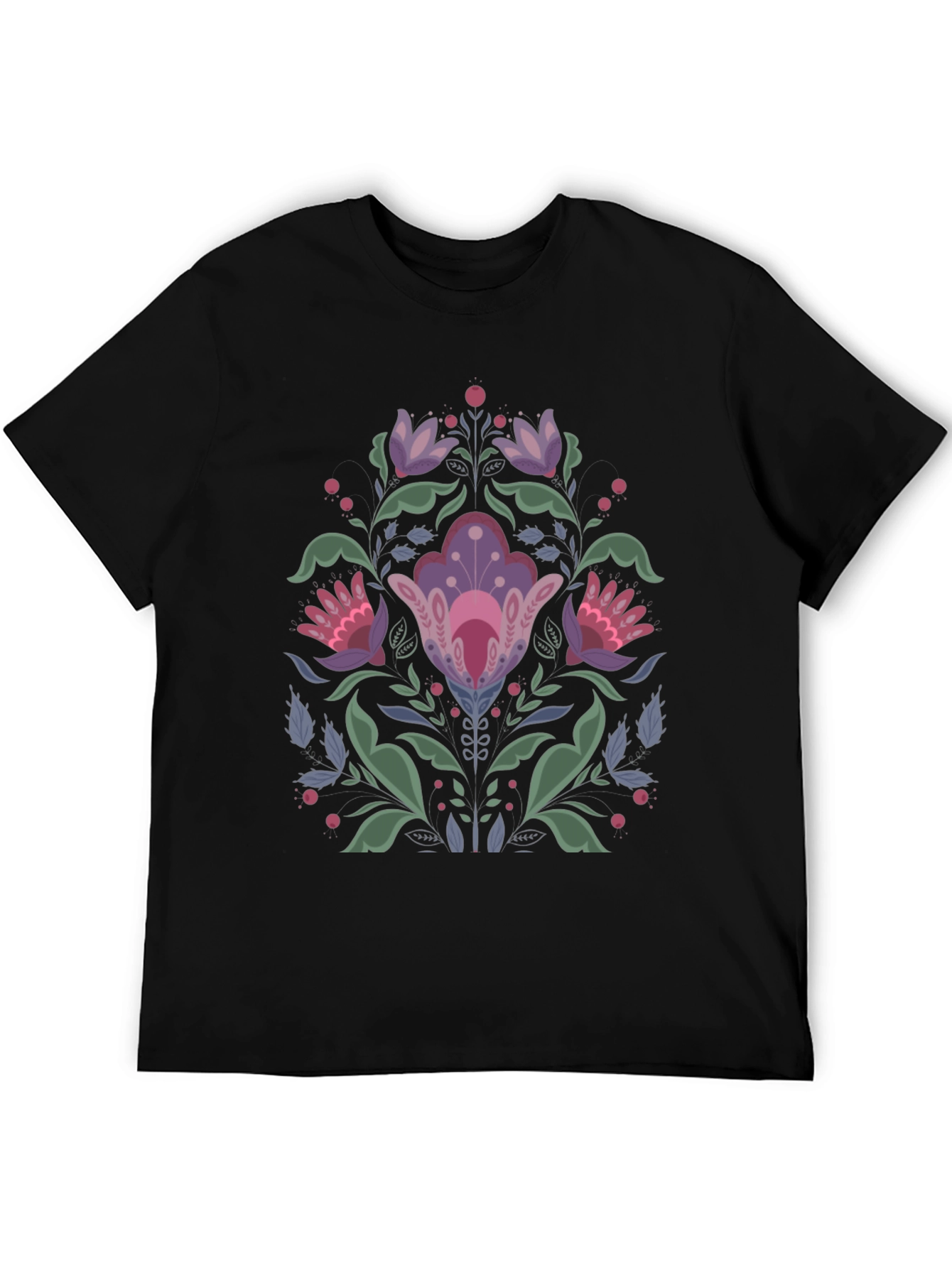 Floral Folk Art Black T-Shirt