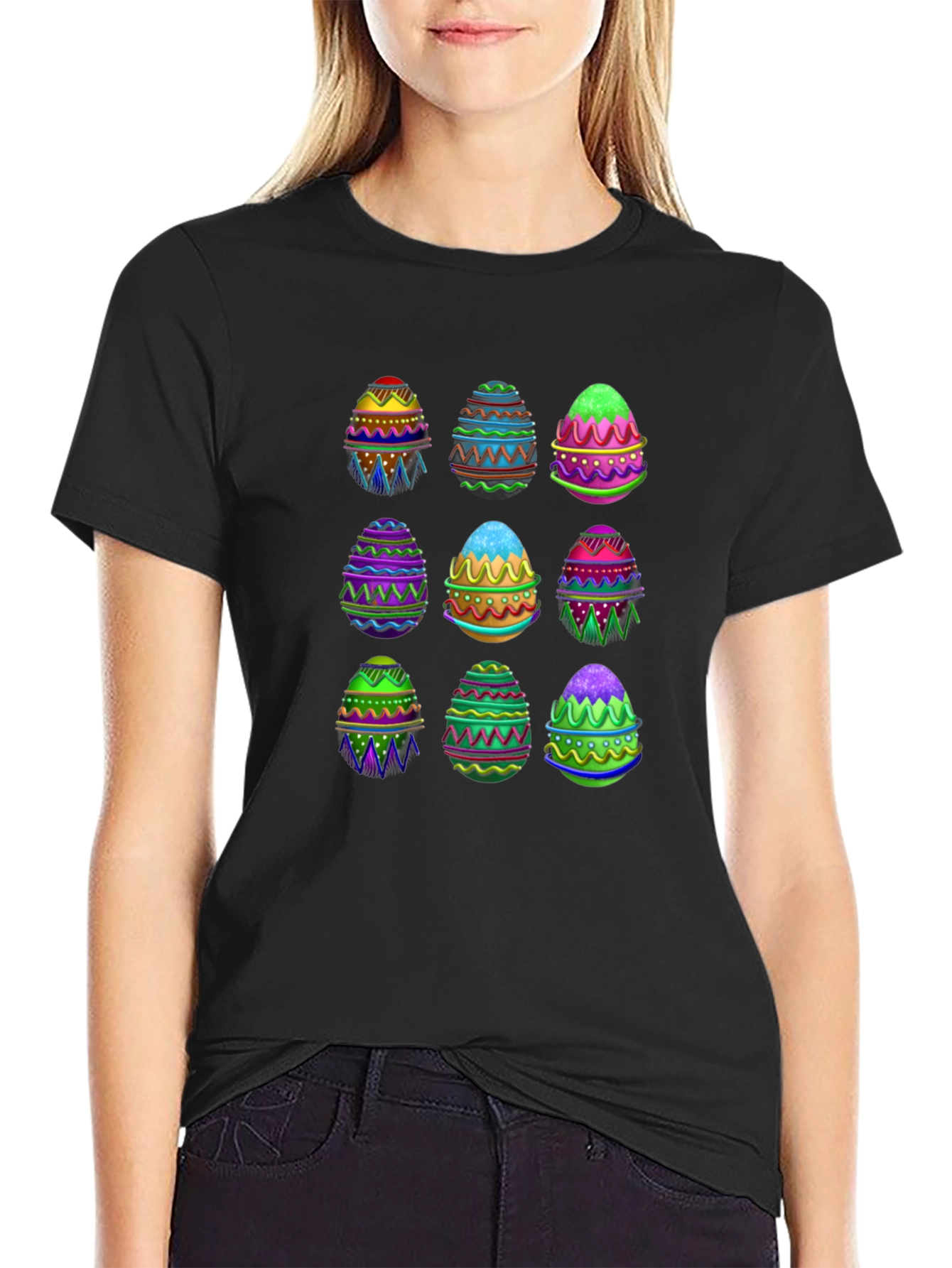 Easter Egg Pattern Black T-Shirt