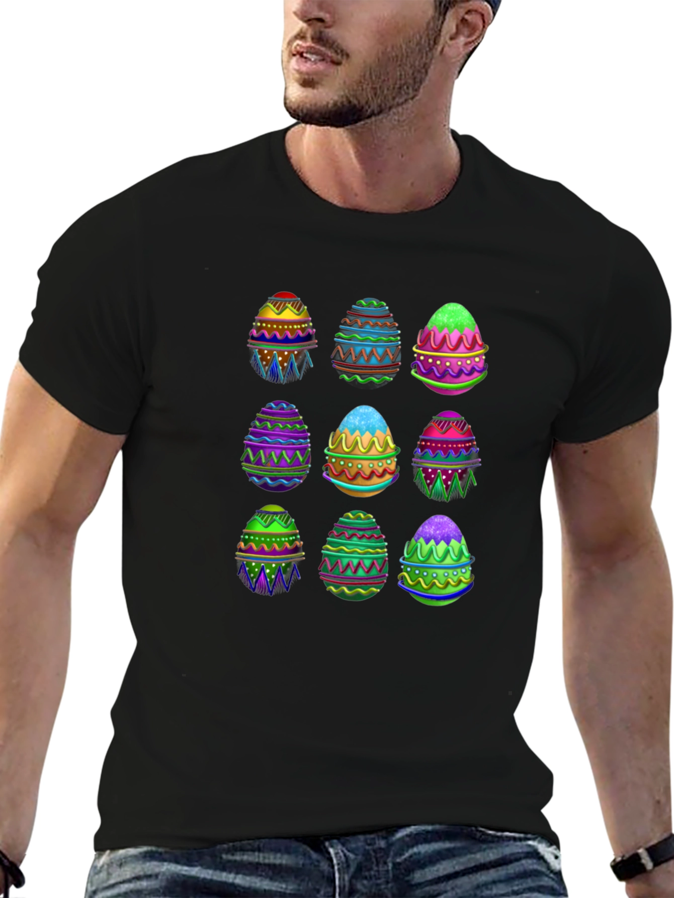 Easter Egg Pattern Black T-Shirt