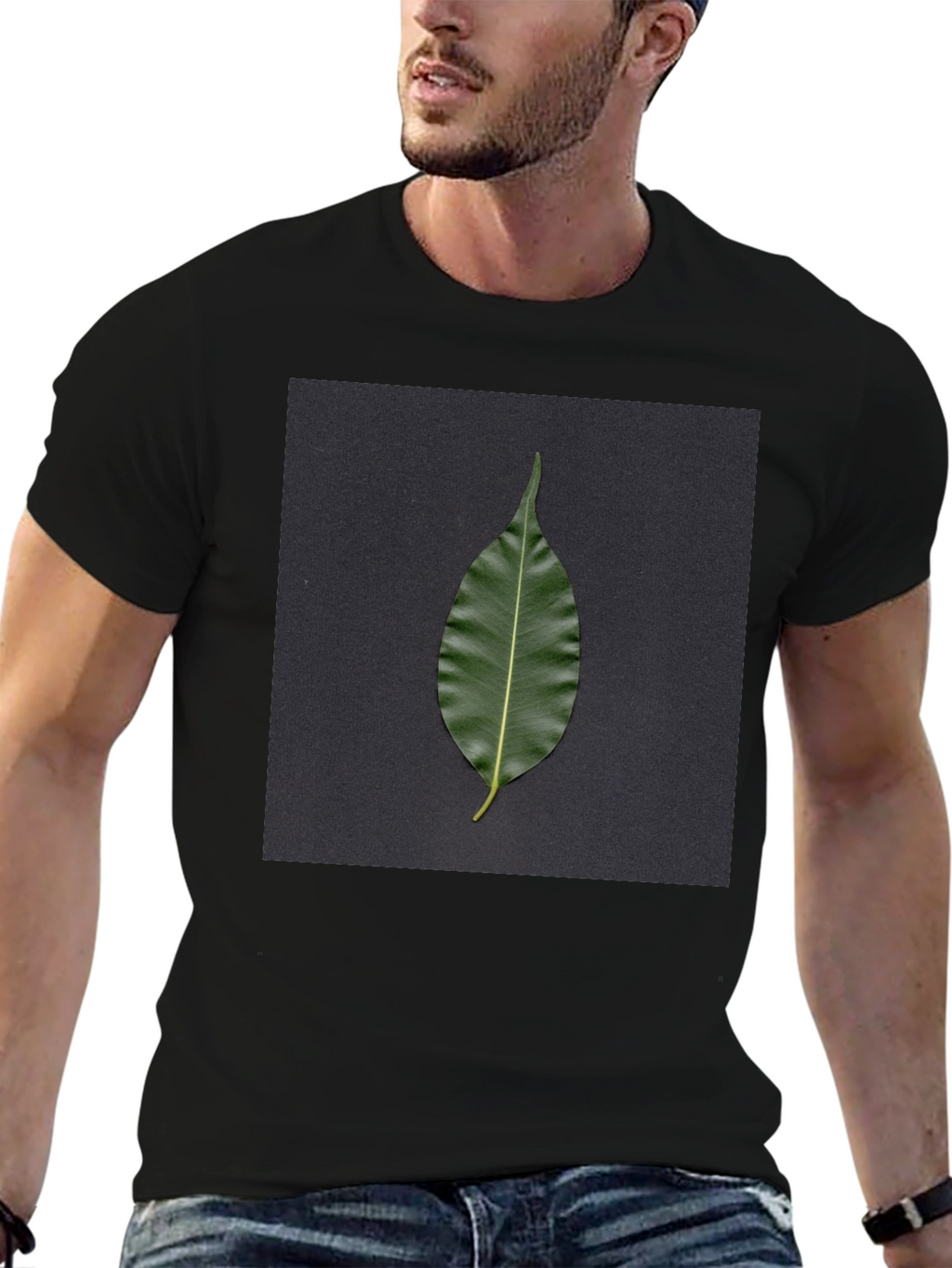 Leaf Print Black T-Shirt - Nature Inspired Design