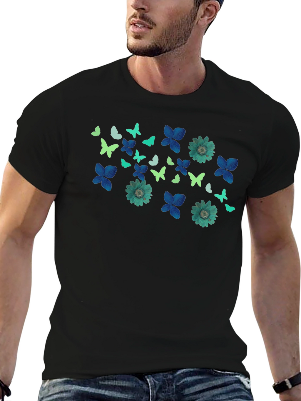 Butterfly & Floral Print Black T-Shirt