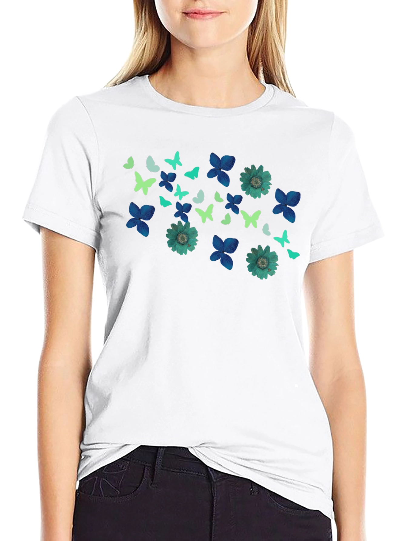 Butterfly & Floral Print Black T-Shirt