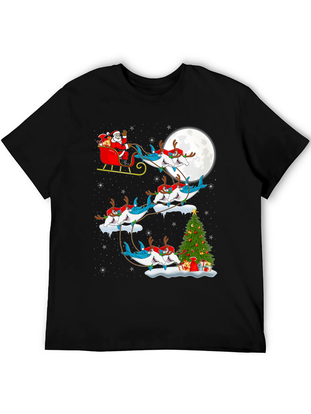 Shark Santa Sleigh Christmas Tee