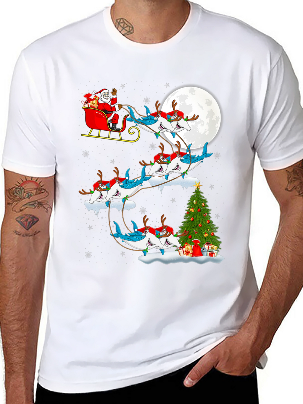 Shark Santa Sleigh Christmas Tee