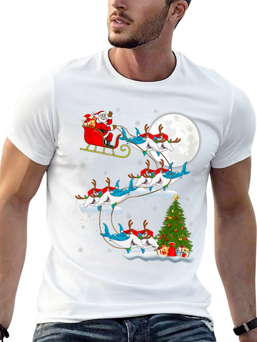 Shark Santa Sleigh Christmas Tee