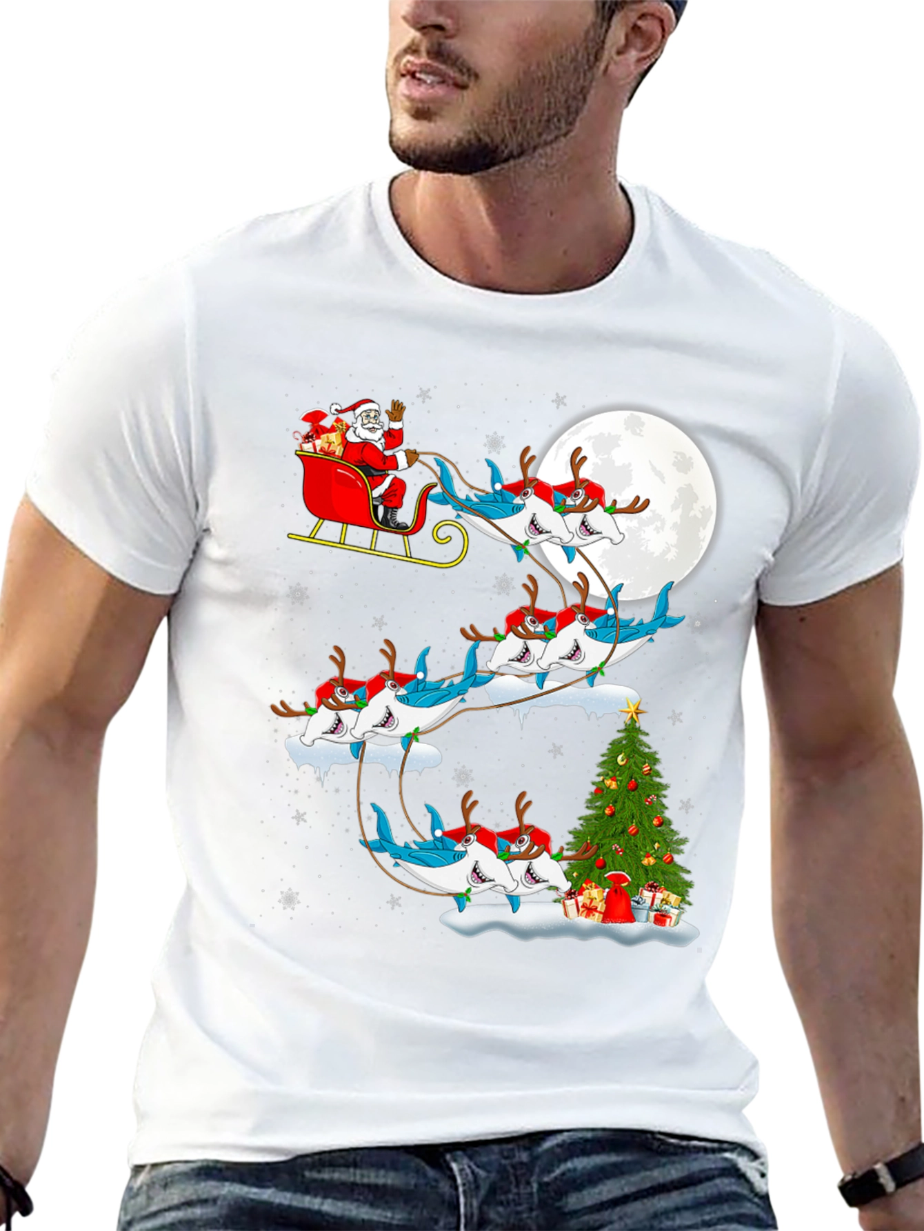 Shark Santa Sleigh Christmas Tee