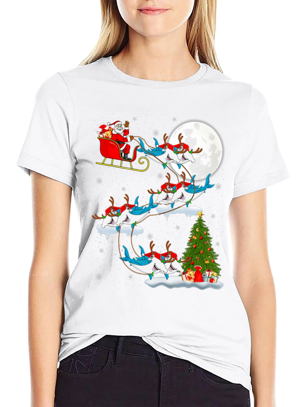 Shark Santa Sleigh Christmas Tee