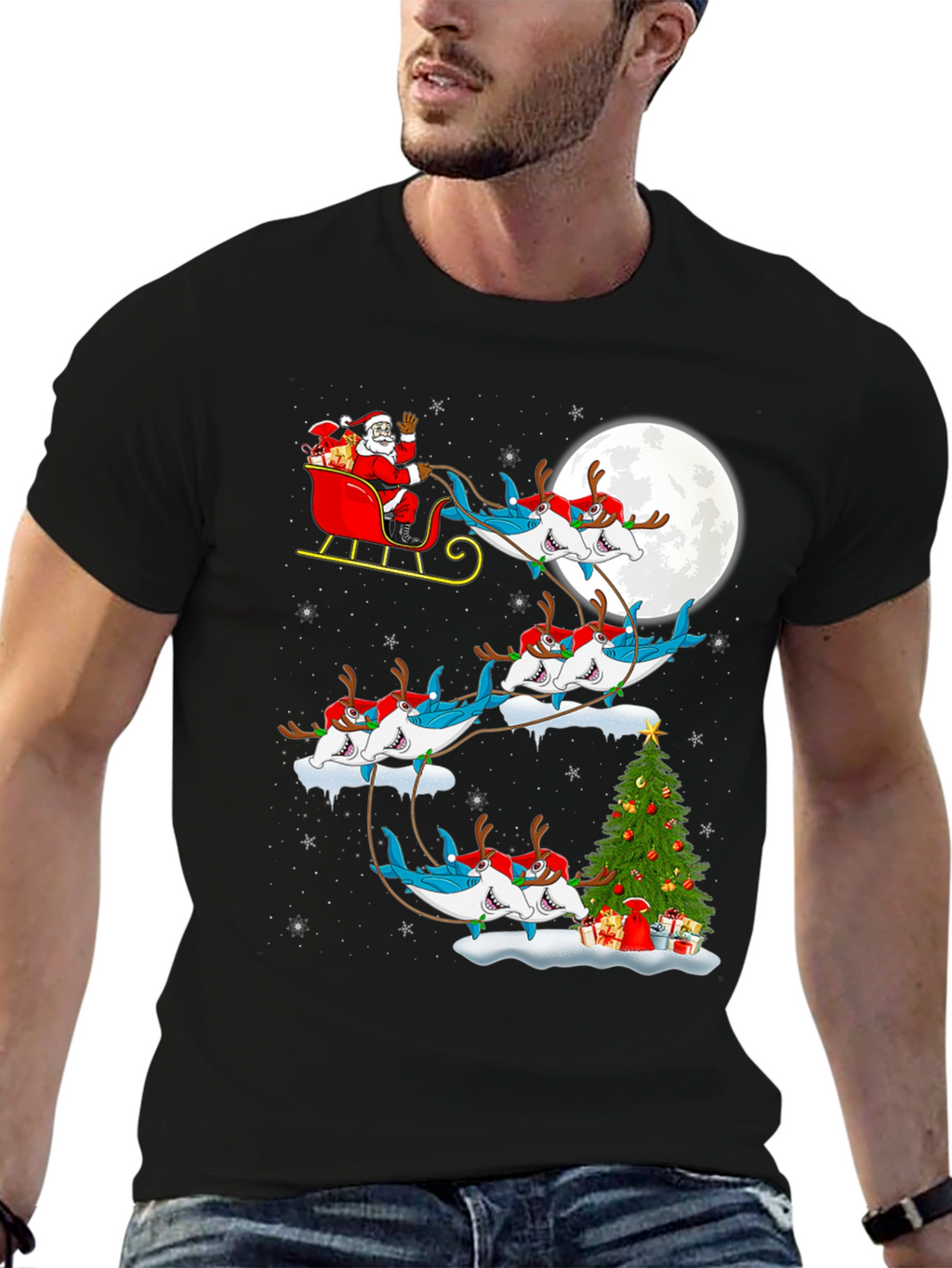 Shark Santa Sleigh Christmas Tee