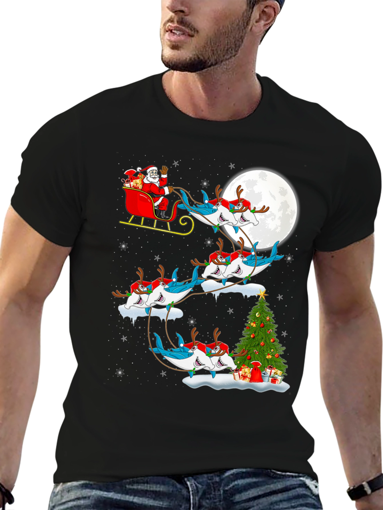 Shark Santa Sleigh Christmas Tee