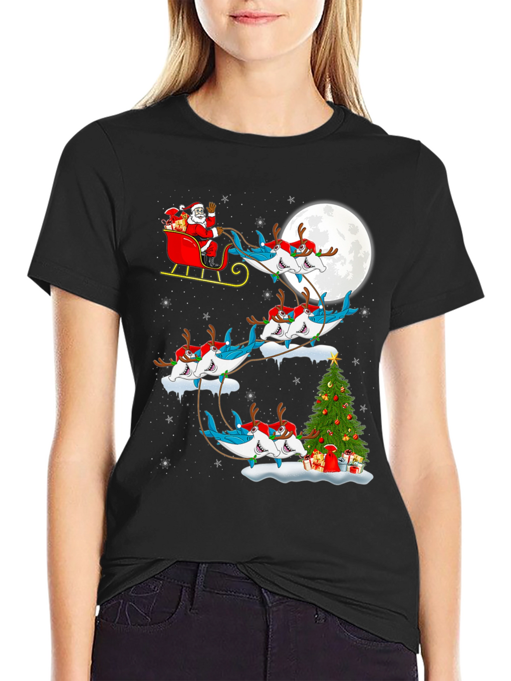 Shark Santa Sleigh Christmas Tee