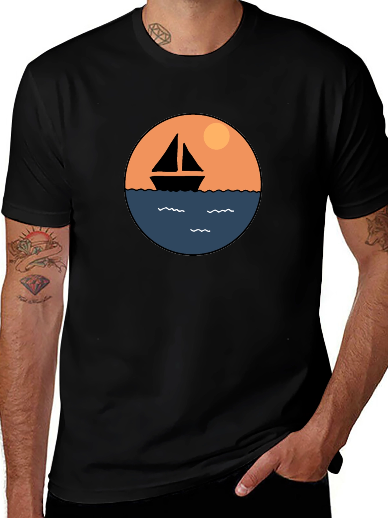 Nautical Sailboat Graphic Tee - Black Cotton T-Shirt