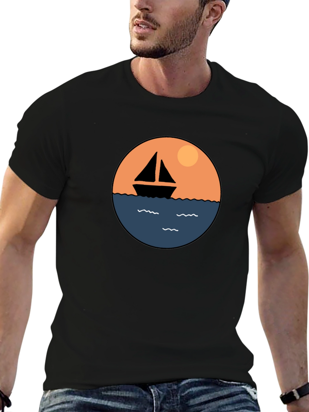 Nautical Sailboat Graphic Tee - Black Cotton T-Shirt