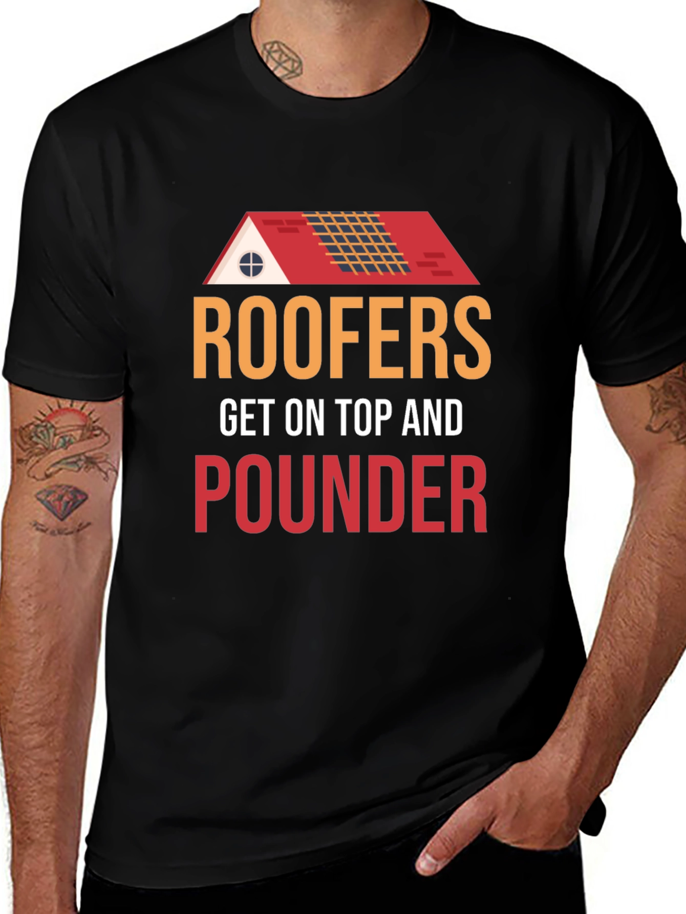 Roofers Get On Top And Pounder Black T-Shirt