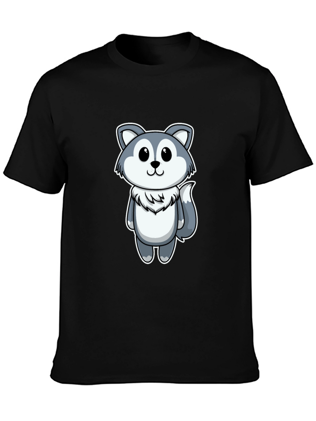 Cute Cartoon Wolf Graphic Tee - Black