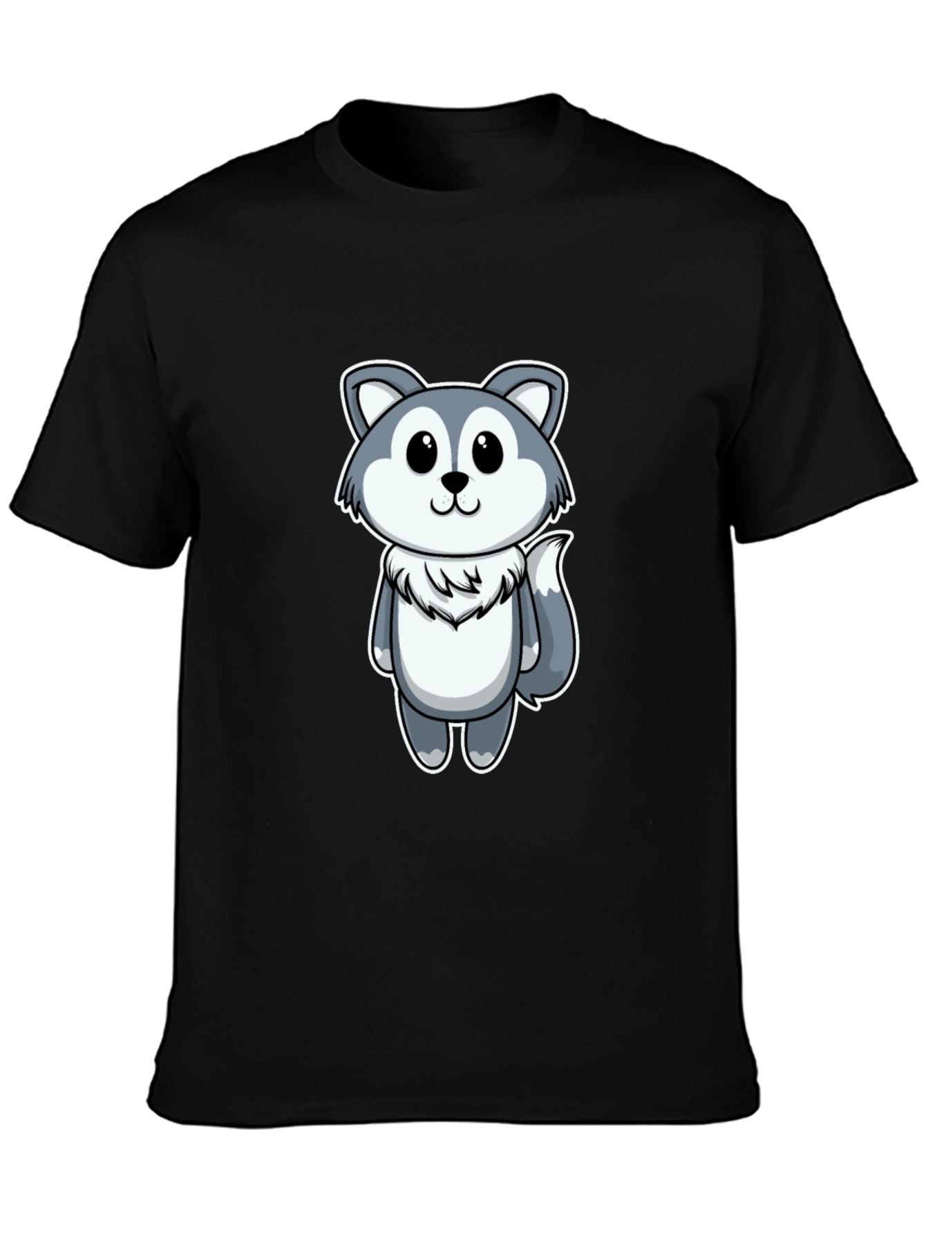 Cute Cartoon Wolf Graphic Tee - Black