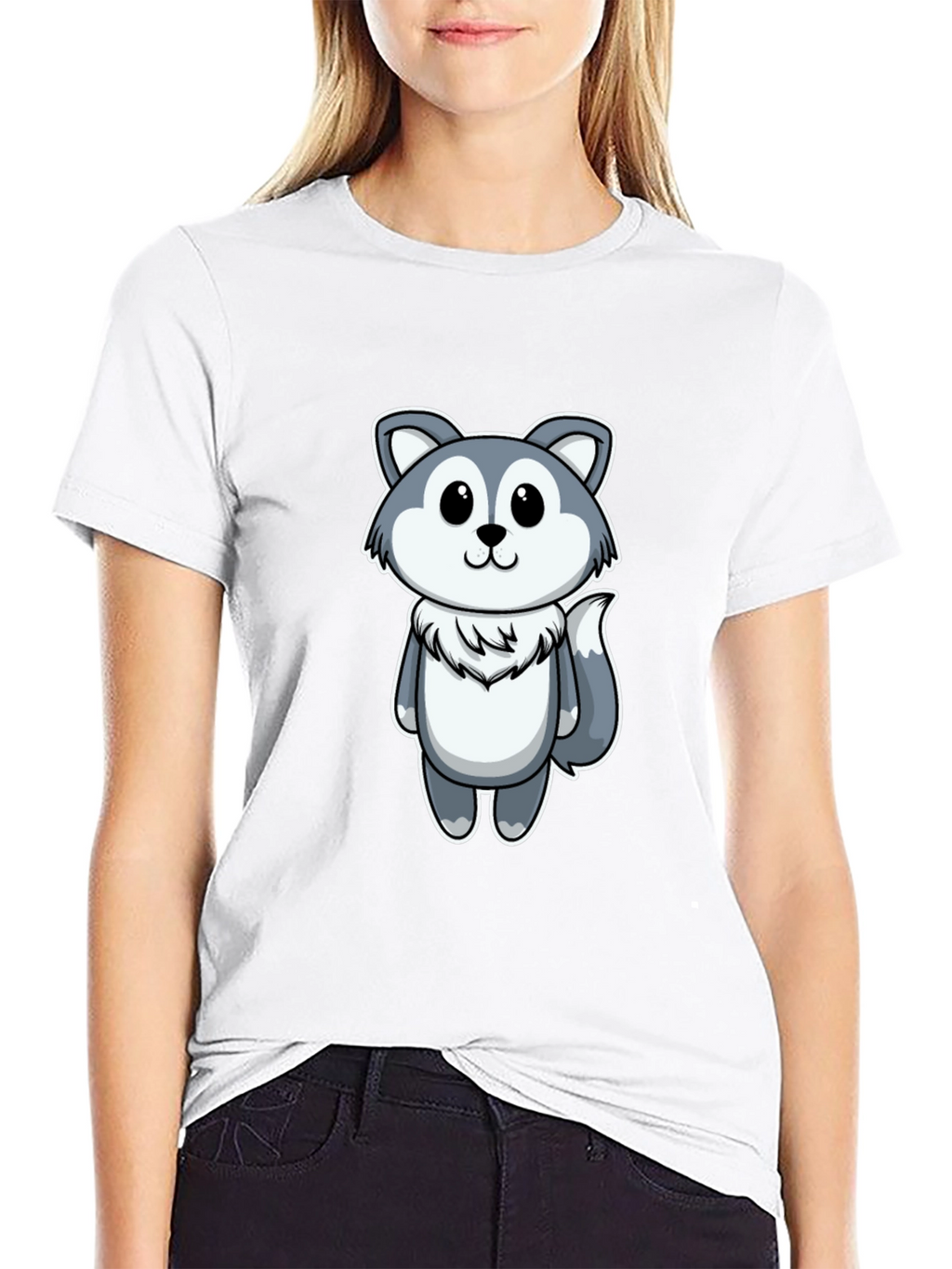 Cute Cartoon Wolf Graphic Tee - Black