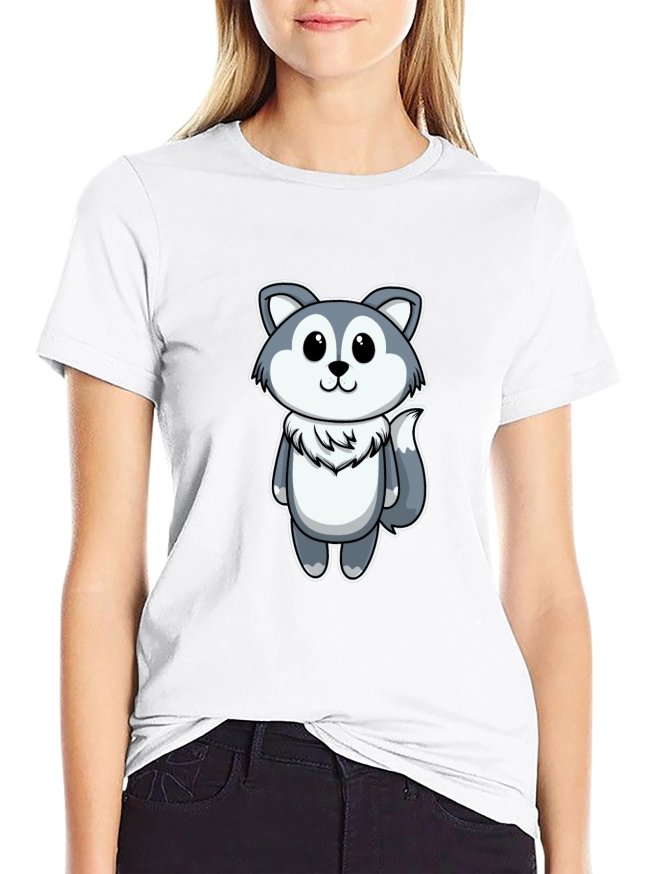 Cute Cartoon Wolf Graphic Tee - Black