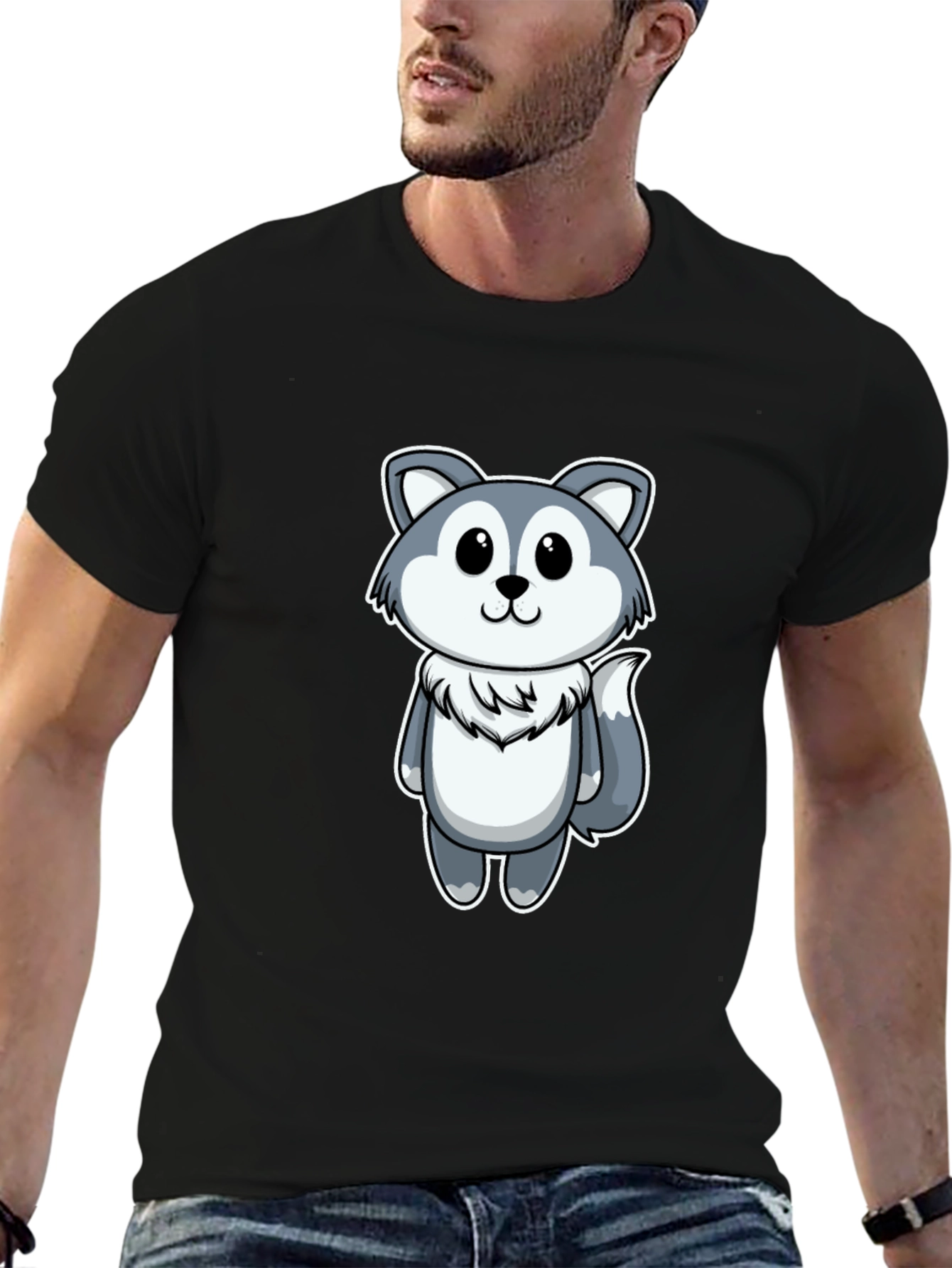 Cute Cartoon Wolf Graphic Tee - Black