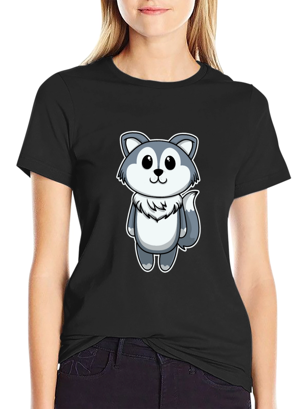 Cute Cartoon Wolf Graphic Tee - Black