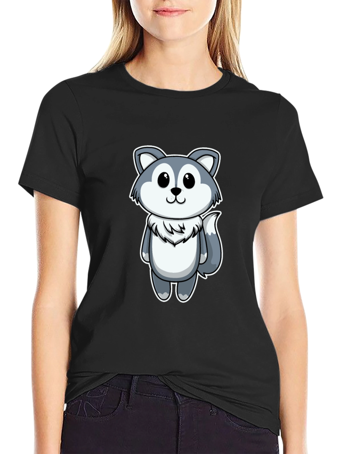 Cute Cartoon Wolf Graphic Tee - Black