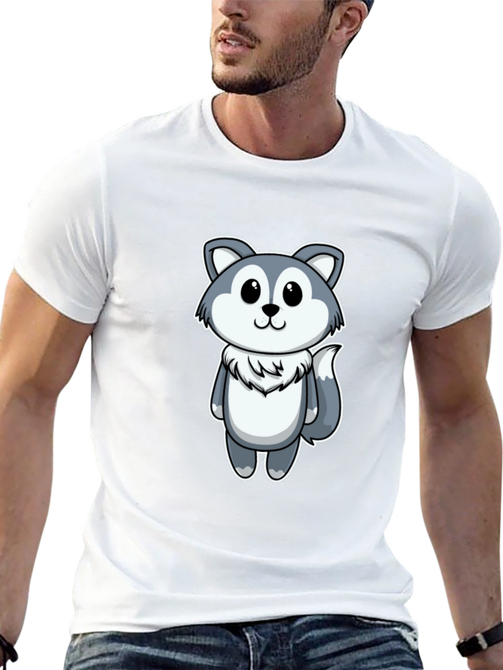 Cute Cartoon Wolf Graphic Tee - Black