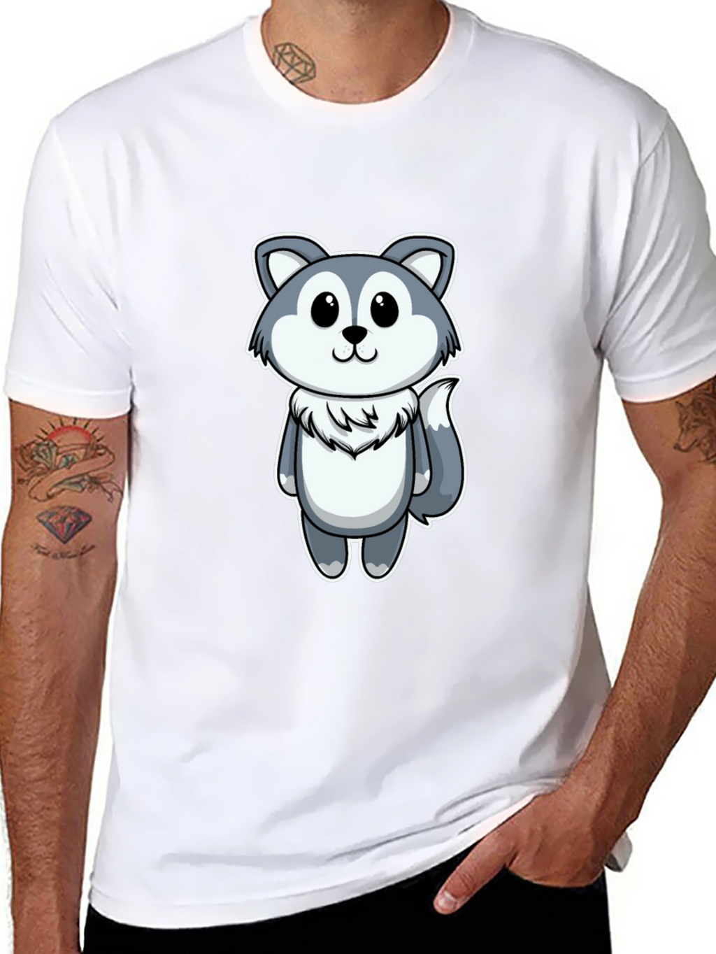 Cute Cartoon Wolf Graphic Tee - Black