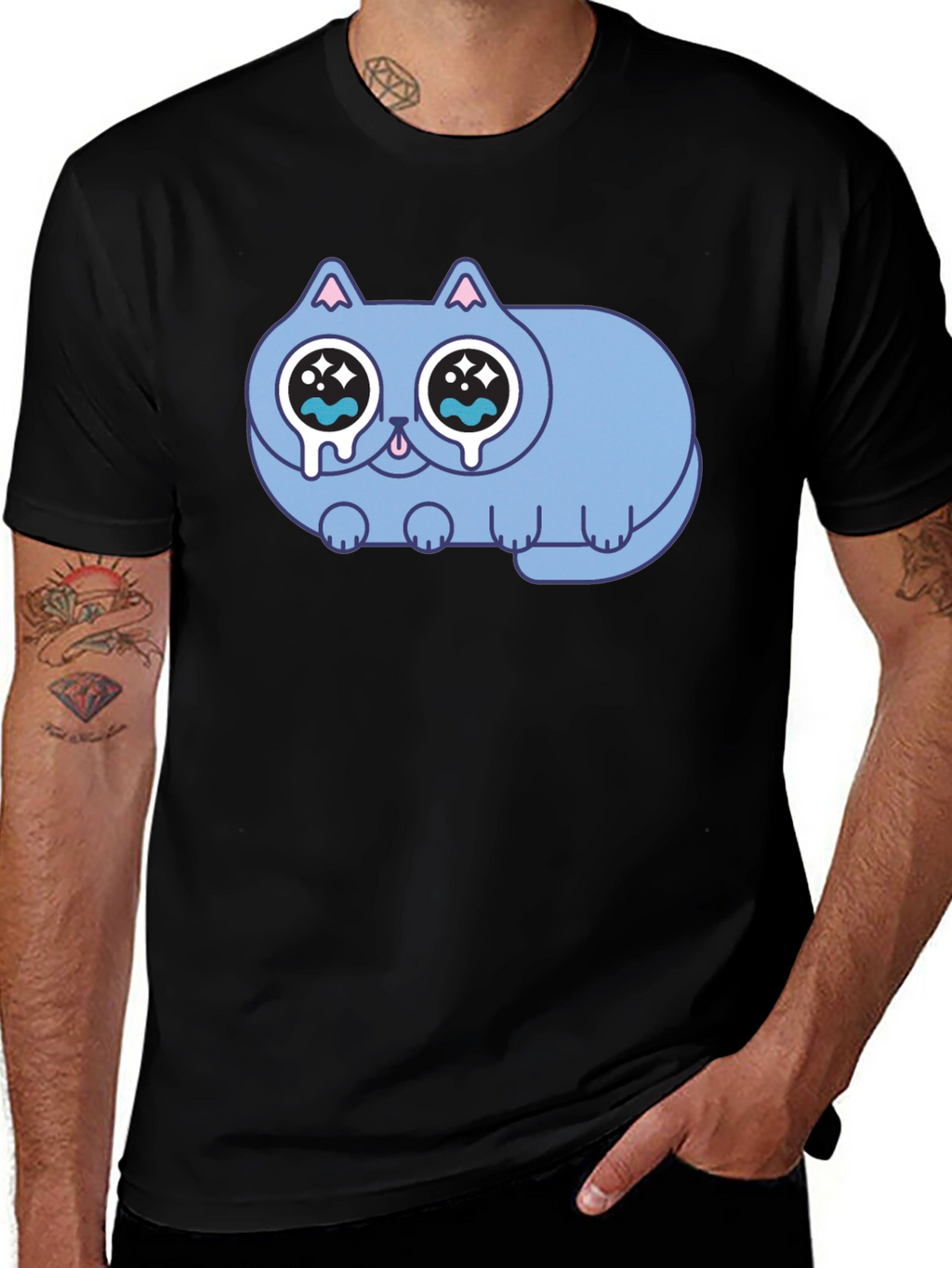Sad Crying Cat Graphic Black T-Shirt