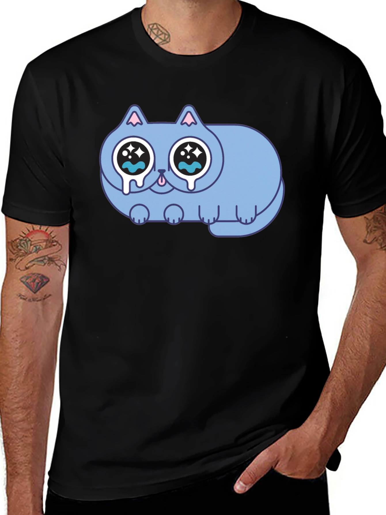 Sad Crying Cat Graphic Black T-Shirt