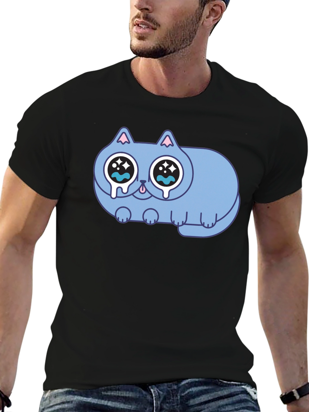 Sad Crying Cat Graphic Black T-Shirt
