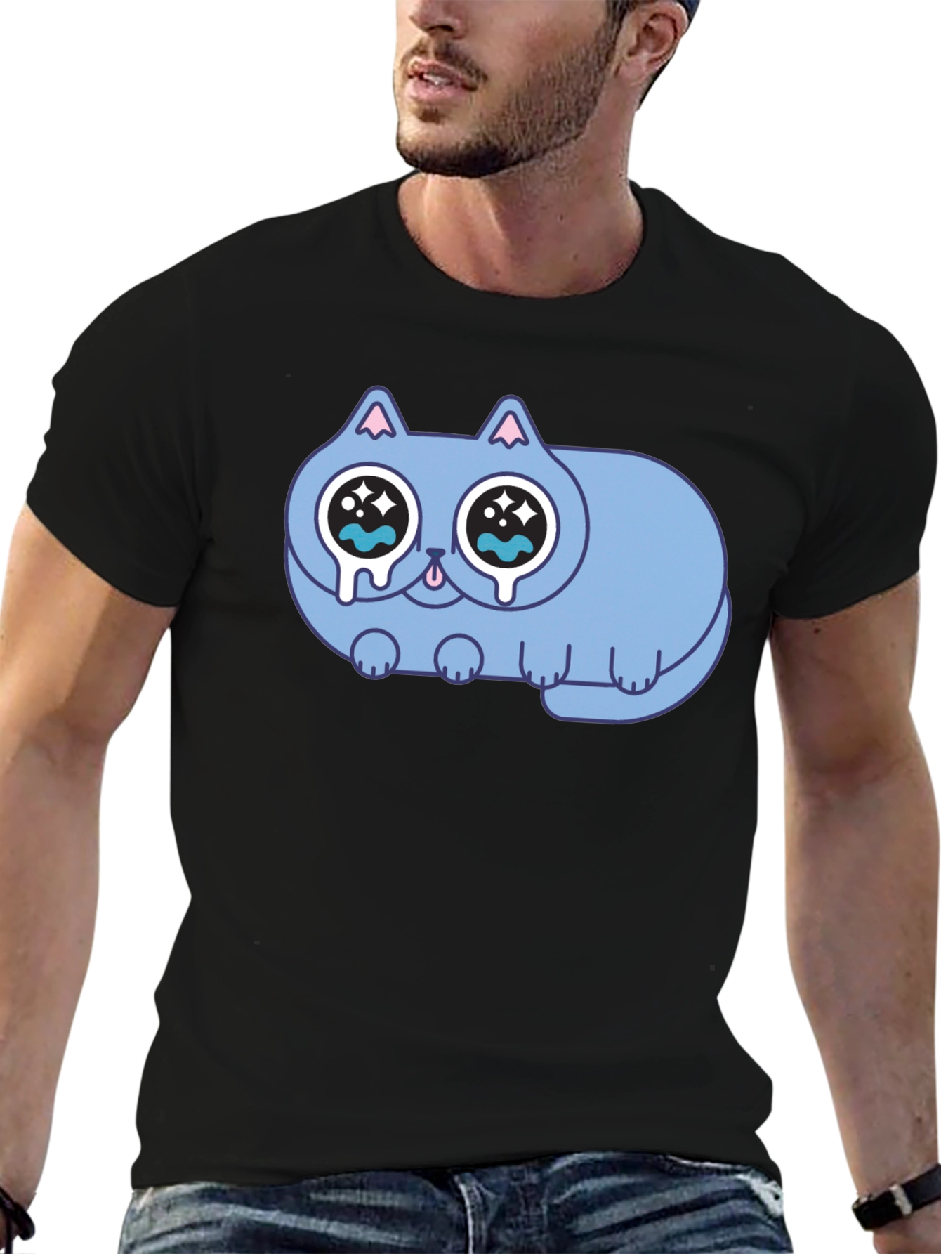 Sad Crying Cat Graphic Black T-Shirt